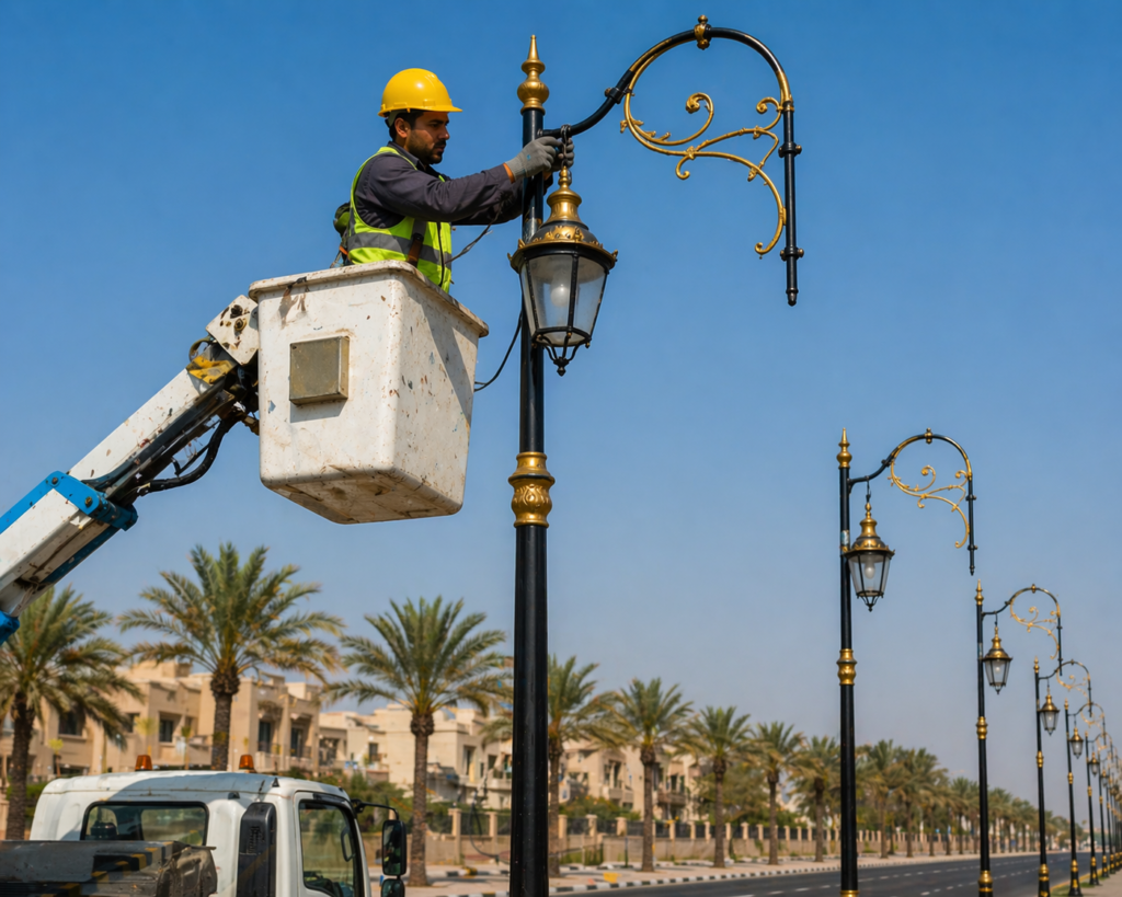 فني تركيب إنارة الكهرباء والأعمدة الديكورية جازان